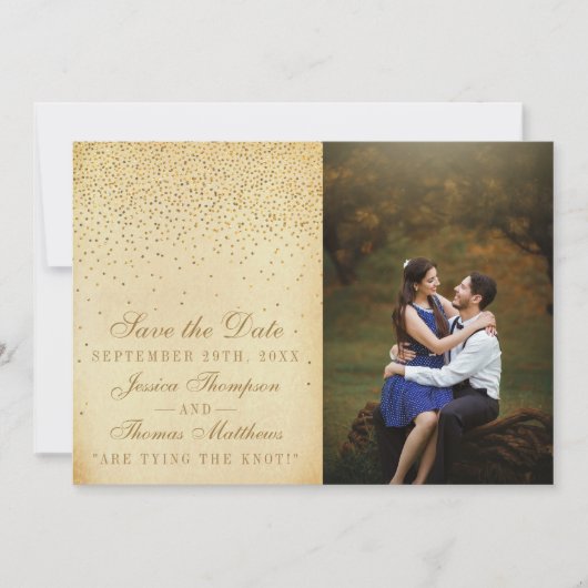  Glam Gold Confetti trouwfoto Save The Date (Voorkant)