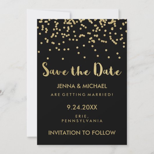 Glam Gold Confetti Wedding Save the Date on Black (Voorkant)