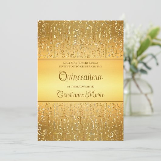 Glam Gold Frame Quinceanera Invitation (Debout devant)