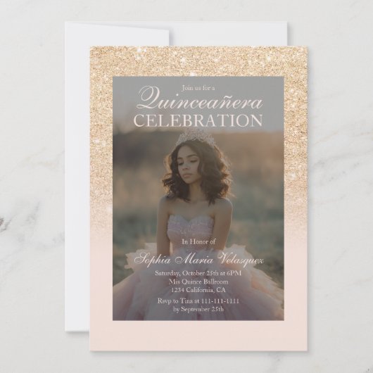 Glam Gold Glitter 2 foto's Qr blush Quinceañera Kaart (Voorkant)