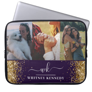 Glam Gold Glitter 3 Foto Collage Monogrammen Laptop Sleeve