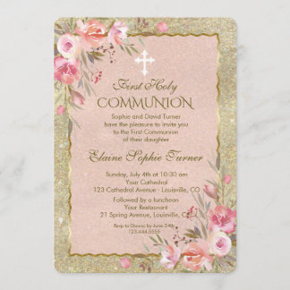 Glam Gold Glitter Blush Floral First Community Kaart