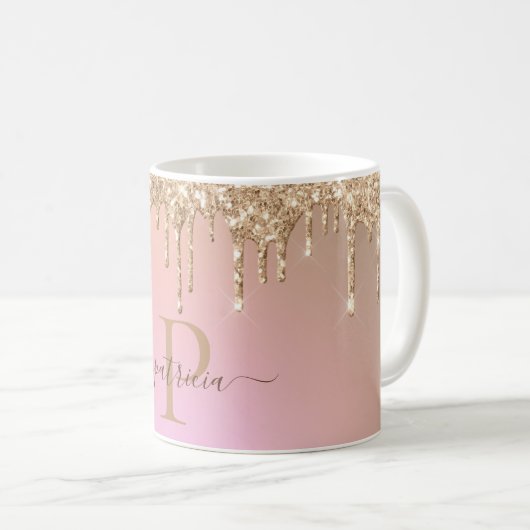 Glam Gold Glitter Drift Elegant Monogram Koffiemok (Voorkant rechts)
