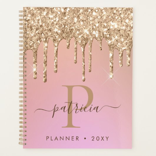 Glam Gold Glitter Drift Elegant Monogram Planner (Voorkant)