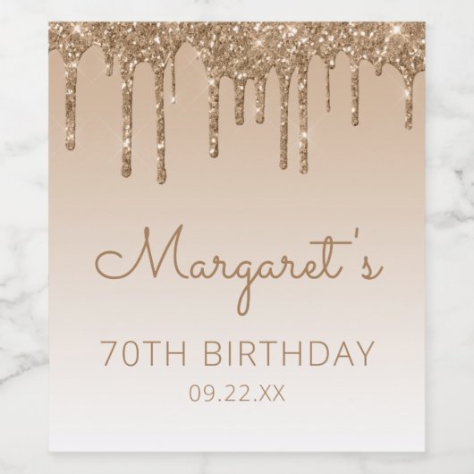 Glam Gold Glitter Drip 70e verjaardag Wijn Etiket (Enkel label)