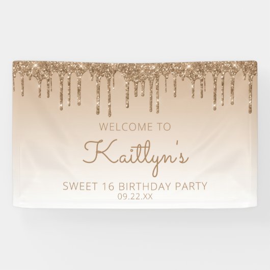 Glam Gold Glitter Drip Sweet 16 Party Spandoek (Horizontaal)