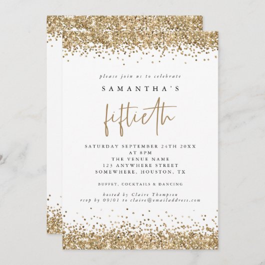 Glam Gold Glitter Fiftieth Party White Kaart (Voorkant / Achterkant)