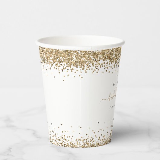 Glam Gold Glitter Name Date Vrijgezellenfeest Papieren Bekers (Rechts)