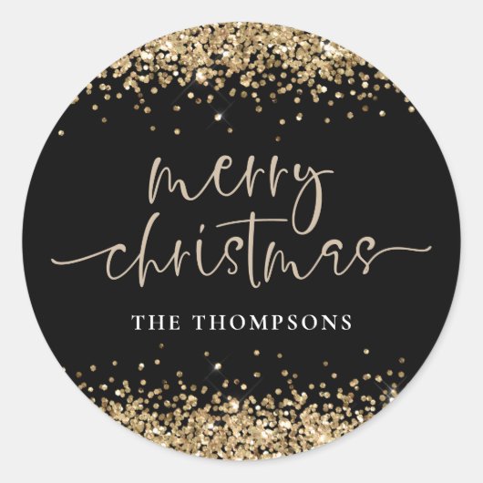Glam Gold Glitter Name Merry KerstBlack Ronde Sticker (Voorkant)