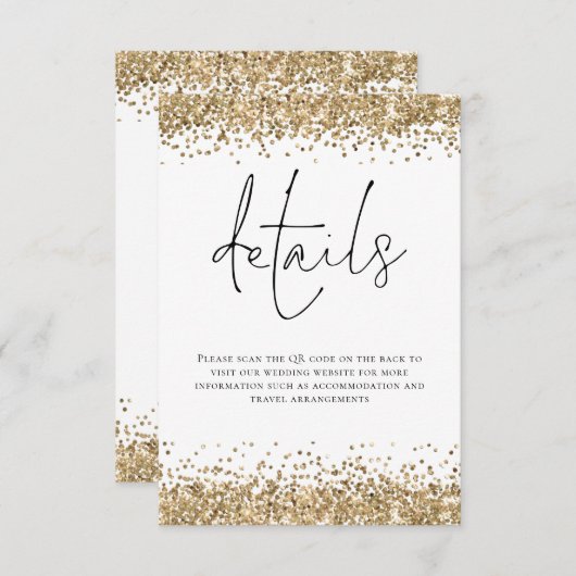 Glam Gold Glitter QR Code Script bruiloft details Informatiekaartje (Voorkant / Achterkant)