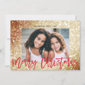 Glam Gold Glitter Rood Script Kerstfoto Feestdagenkaart (Voorkant)