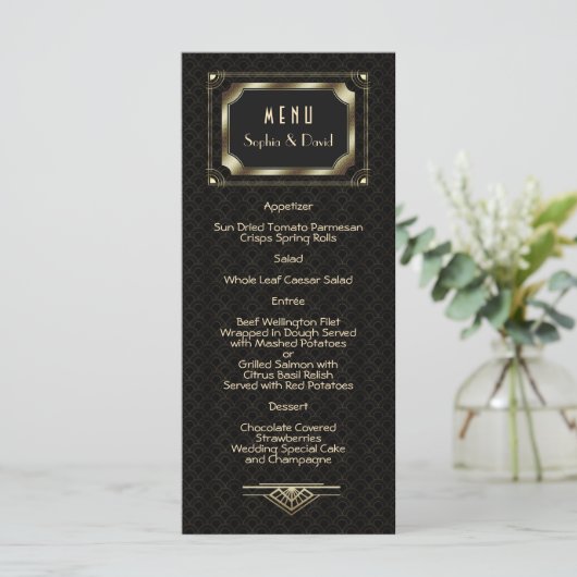 Glam Gold Great Gatsby Art Déco 20s Menu Mariage (Debout devant)