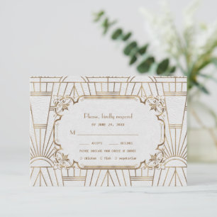 Glam Gold Great Gatsby White Art Deco 20s Wedding RSVP Kaartje