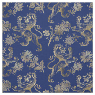 Glam Gold Lions Flowers Navy Blue Graphic Stof