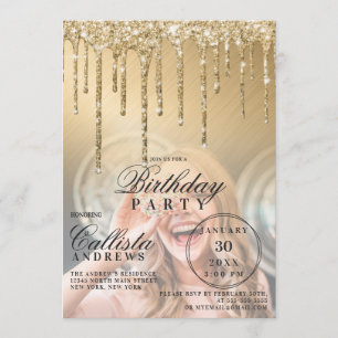 Glam Gold Metallic Glitter Drips Foto Verjaardag Kaart