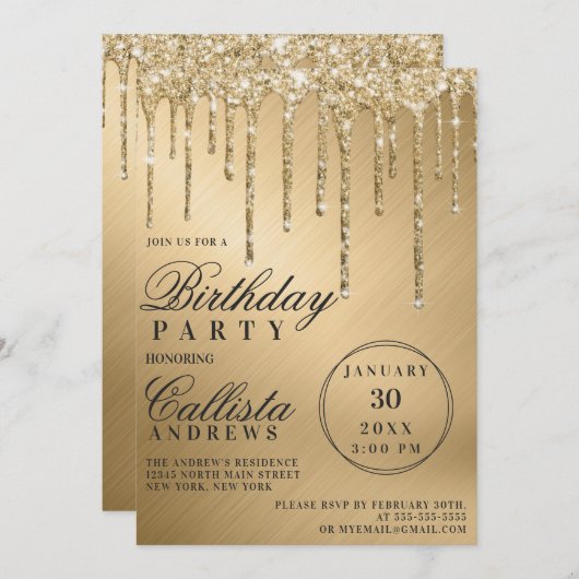 Glam Gold Metallic Glitter Drips Verjaardag Kaart (Voorkant / Achterkant)