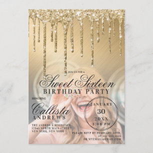Glam Gold Metallic Glitter Druppels Foto Sweet 16 Kaart