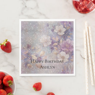 Glam Gold Paarse Floral Sparkle Verjaardag Servet