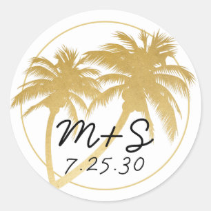 Glam Gold Palm Beach Bruiloft Monogram Ronde Sticker