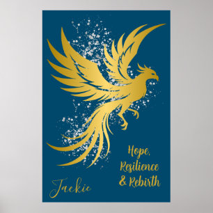 Glam Gold Phoenix Silver Glitter Monogram Blauw Poster