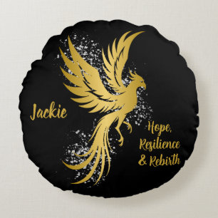 Glam Gold Phoenix Silver Glitter Monogram Zwart   Rond Kussen