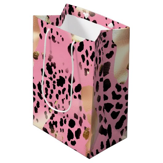 Glam Gold Pink Black Leopard Print Medium Cadeauzakje (Voorkant Gekanteld)