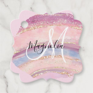 Glam Gold Pink Blue Gemstone Brush Stroke Monogram Bedankjes Labels