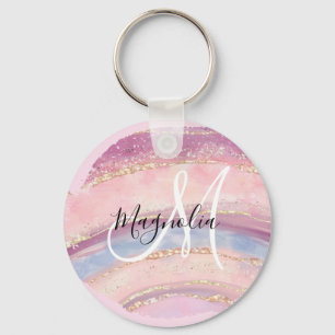 Glam Gold Pink Blue Gemstone Brush Stroke Monogram Sleutelhanger
