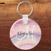 Glam Gold Pink Blue Gemstone Brush Stroke Monogram Sleutelhanger (Voorkant)