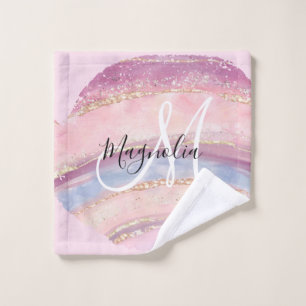 Glam Gold Pink Blue Gemstone Brush Stroke Monogram Washandje
