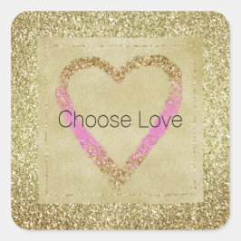 Glam Gold Pink Glitter Heart Vierkante Sticker