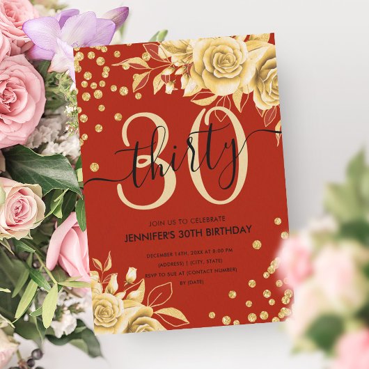 Glam Gold Red Floral Glitter 30e verjaardag Script Kaart