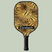 Glam Gold Tropical Leaves Personalized Pickleball Paddle