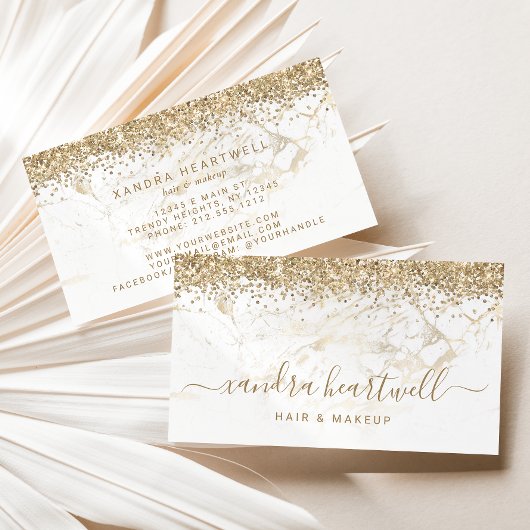Glam Gold White Marble Glitter Script Visitekaartje