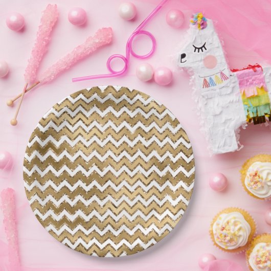 Glam Gold White Zigzag Stripes Papieren Bordje (Feest)