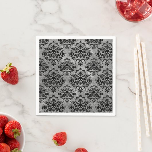 Glam Gothic Mini Skull Damask Pattern Zwart Grijs Servetten (Insitu)