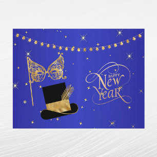 Glam Goud Blauwe Masker Hoed Nieuwjaar Feestdagenkaart