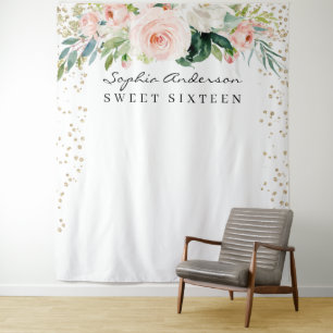 Glam Goud Confetti Sweet 16 Verjaardag Achtergrond Wandkleed