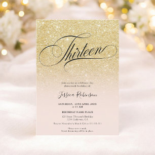 Glam goud glitter ombre chique script roze Dertien Kaart
