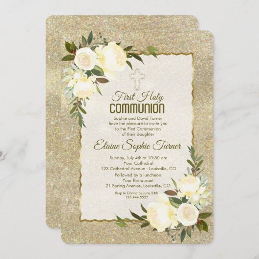 Glam Goud Glitter Witte Rozen Eerste Heilige Commu Kaart (Voorkant / Achterkant)