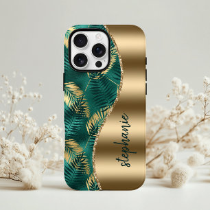 Glam Goud Groen Tropisch Bladpatroon Naam iPhone 13 Hoesje