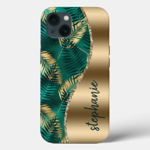 Glam Goud Groen Tropisch Bladpatroon Naam iPhone 13 Hoesje
