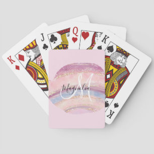 Glam Goud Roze Blauwe Edelsteen Kwaststreek Monogr Pokerkaarten