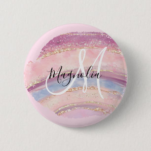 Glam Goud Roze Blauwe Edelsteen Kwaststreek Monogr Ronde Button 5,7 Cm