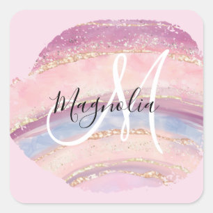 Glam Goud Roze Blauwe Edelsteen Kwaststreek Monogr Vierkante Sticker