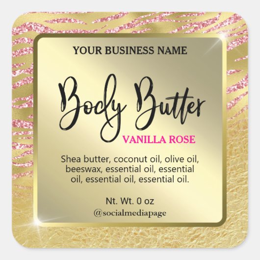 Glam Goud Roze Zebra Print Body Butter Labels (Voorkant)
