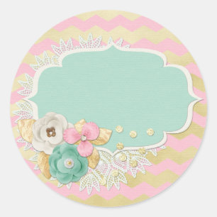 Glam Goud & Shabby Chic Roze Bloemen Kant Kleedje Ronde Sticker