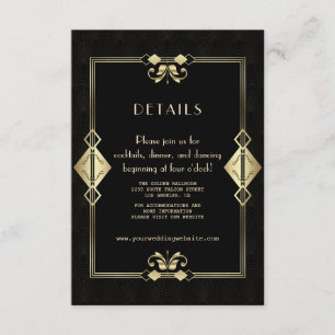 Glam Goud Zwart Art Deco 20s Trouwreceptie Informatiekaartje