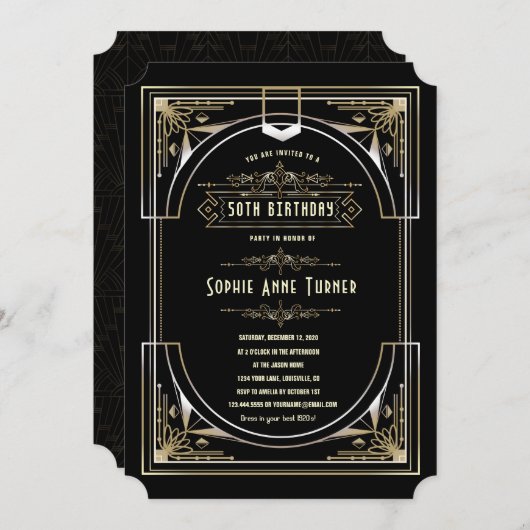 Glam Goud Zwart Great Gatsby Art Deco 50 Verjaarda Kaart (Voorkant / Achterkant)