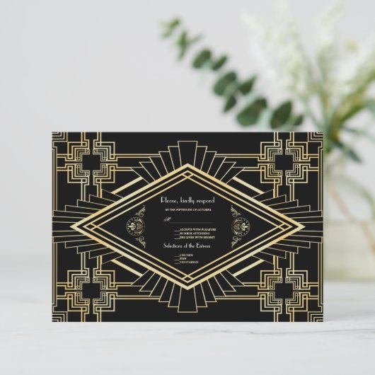Glam Goud Zwart Great Gatsby Huwelijks RSVP (Staand voorkant)